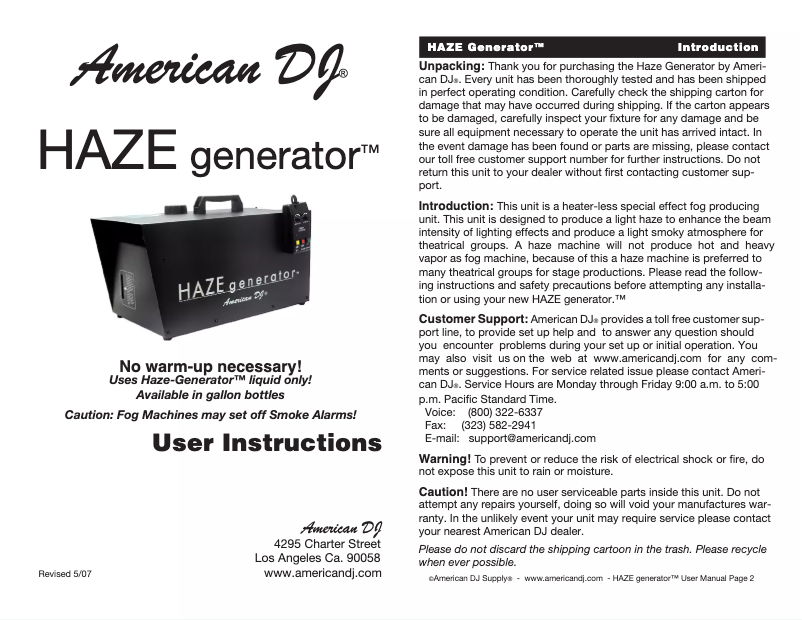 Page 1 of the manual User Manual Adj HAZE generator