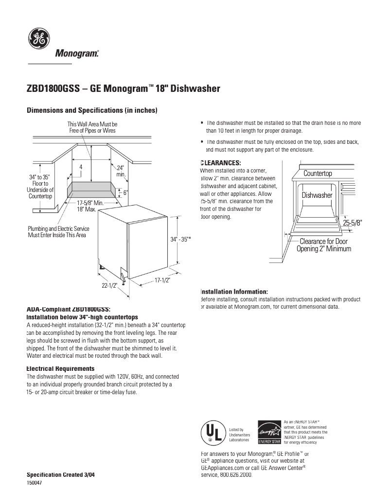 Page 1 of the manual Technical Sheet GE ZBD1800GSS