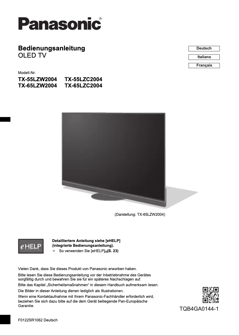 First page image of the manual for TX-55LZC2004