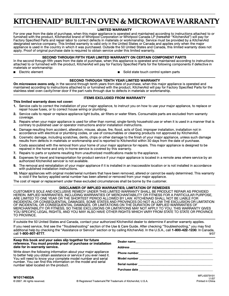 Page 1 of the manual Warranty Information KitchenAid Architect KCMS2055SSS