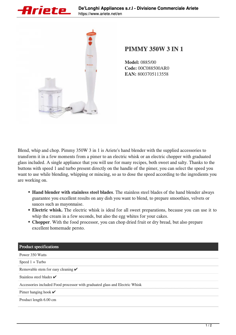 Page 1 of the manual User Manual Ariete Pimmy 350W 3in1 885