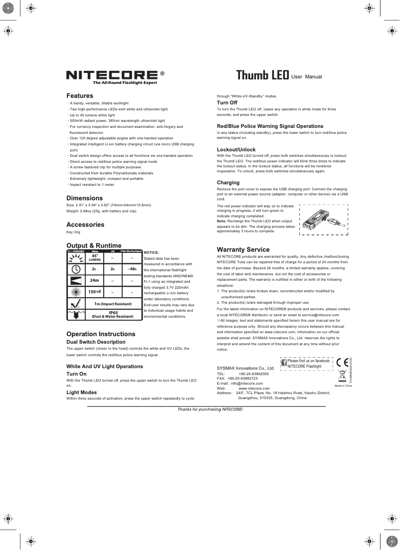 Page 1 of the manual User Manual Nitecore Thumb LEO