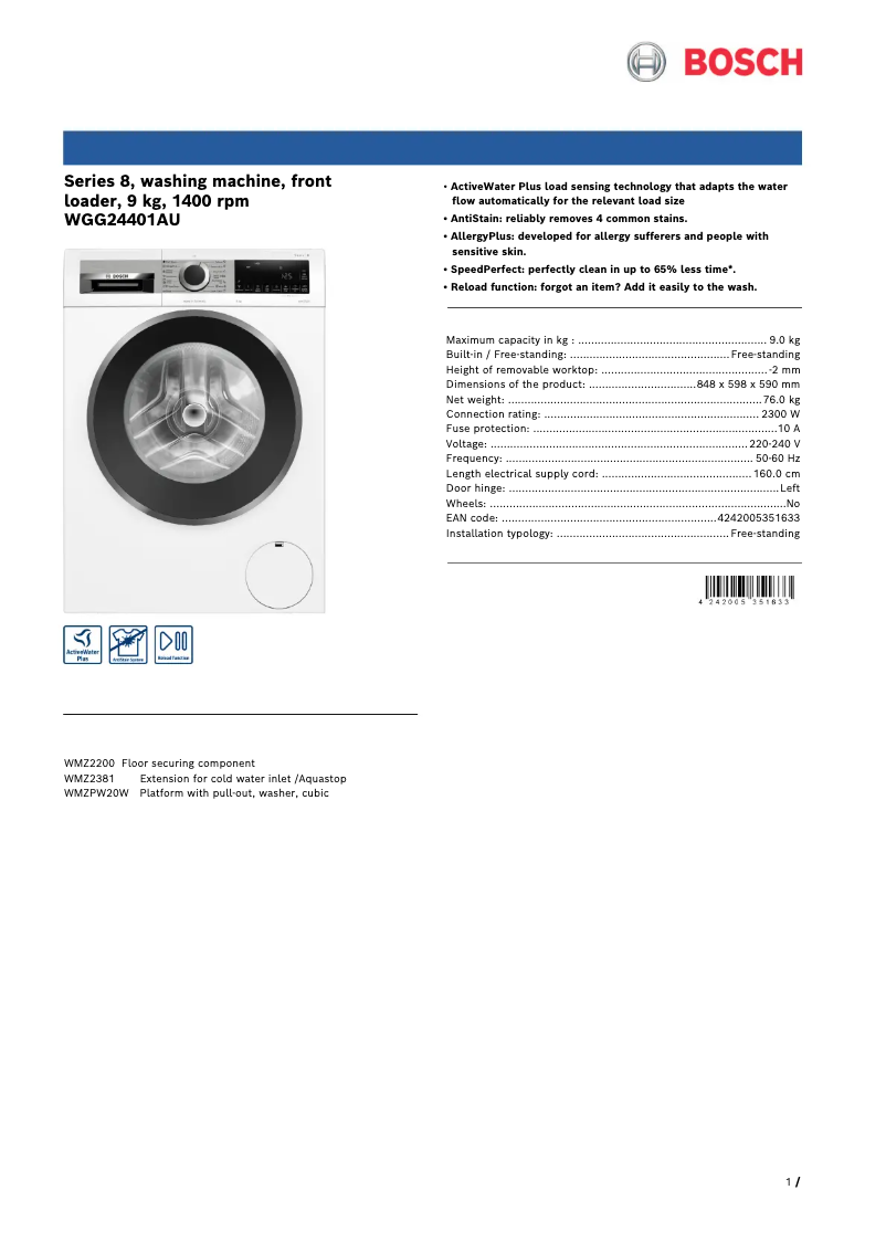 Page 1 of the manual Technical Sheet Bosch WGG24401AU