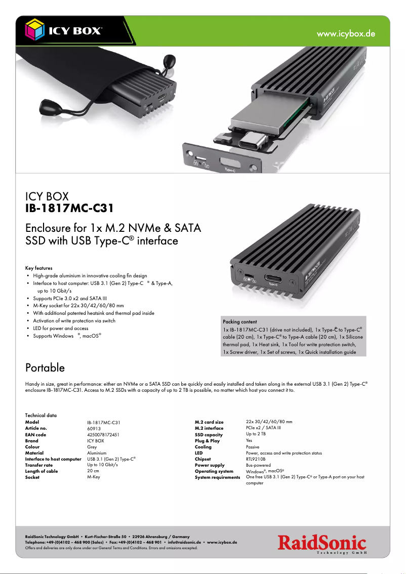 Page 1 of the manual Technical Sheet Icy Box IB-1817MC-C31