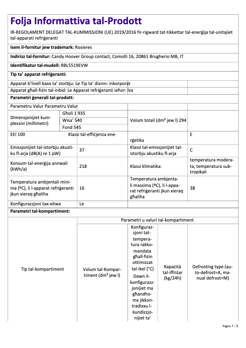 First page image of the manual for RBL5519EVW
