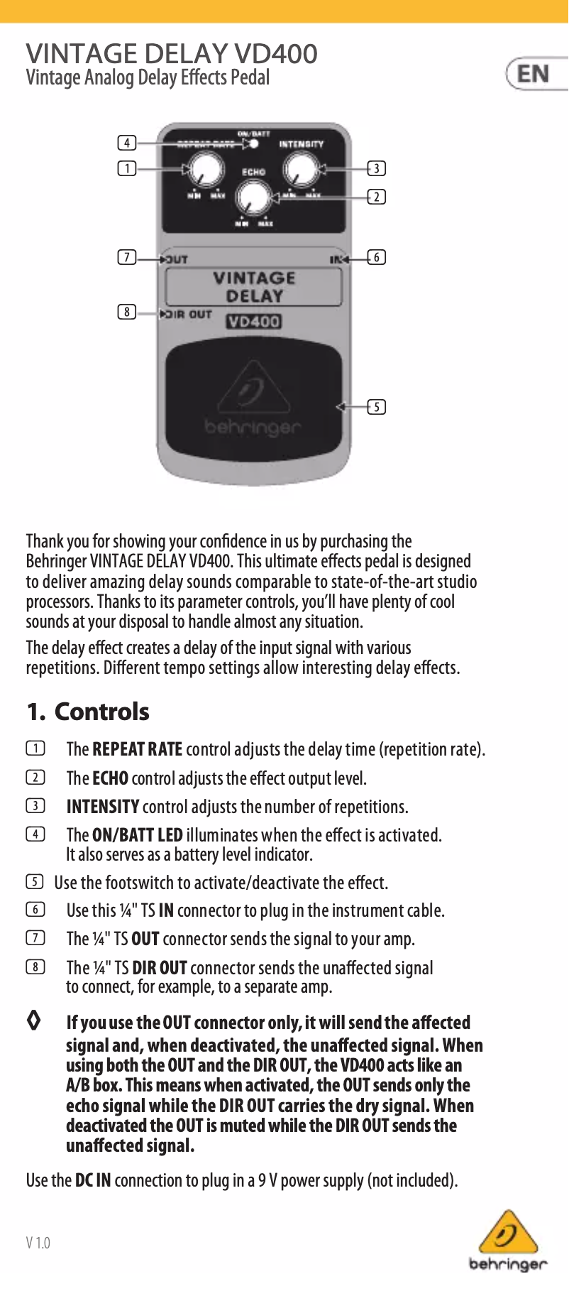 Page 1 de la notice Manuel utilisateur Behringer Vintage Delay VD400