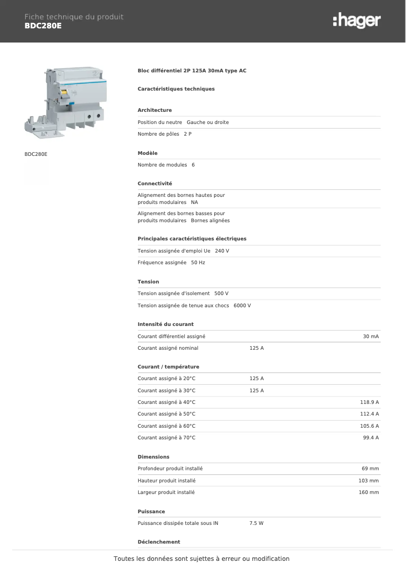 Page 1 of the manual Technical Sheet Hager BDC280E