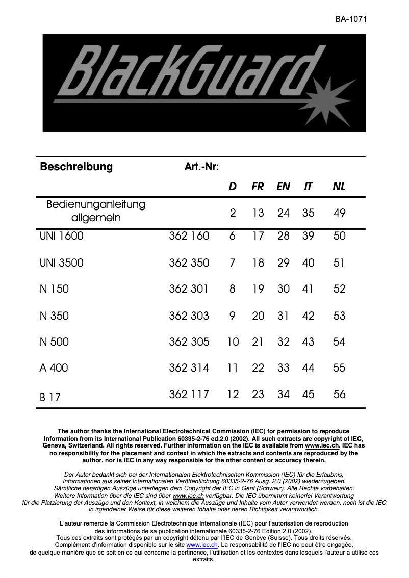 First page image of the manual for UNI 3500