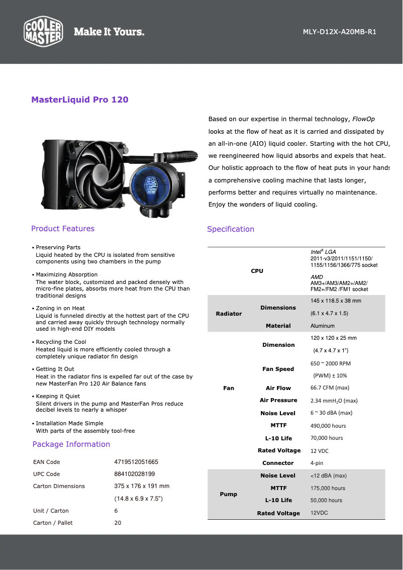 Page 1 of the manual Technical Sheet Cooler Master MasterLiquid Pro 120