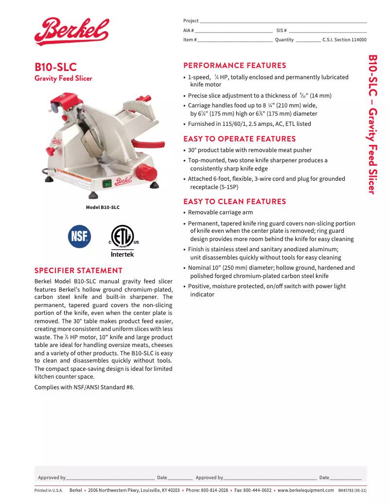 Page 1 of the manual Technical Sheet Berkel B10-SLC