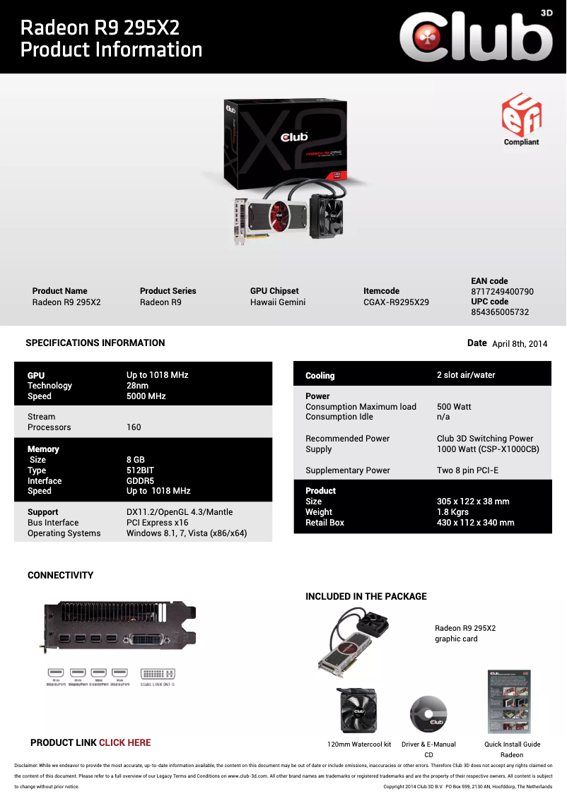 Page 1 de la notice Manuel utilisateur CLUB3D Radeon R9 295 X2