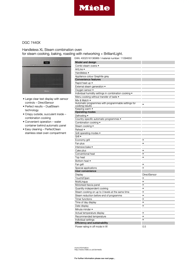 Page 1 of the manual Technical Sheet Miele DGC 7440 X