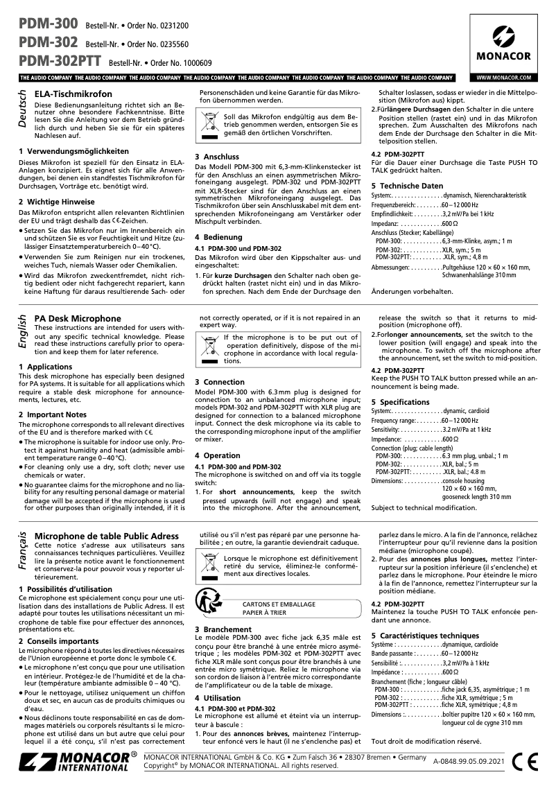 Page 1 of the manual User Manual Monacor PDM-302PTT