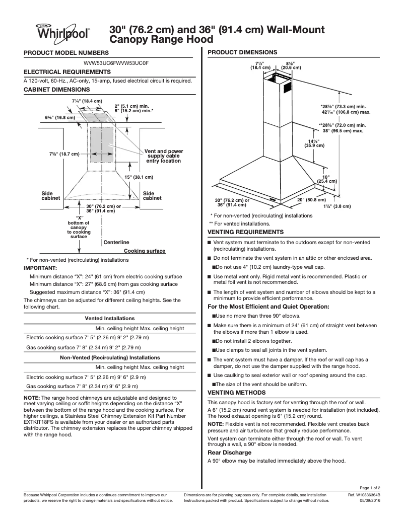 Page 1 of the manual Technical Drawing Whirlpool WHKITWCE55US6HB