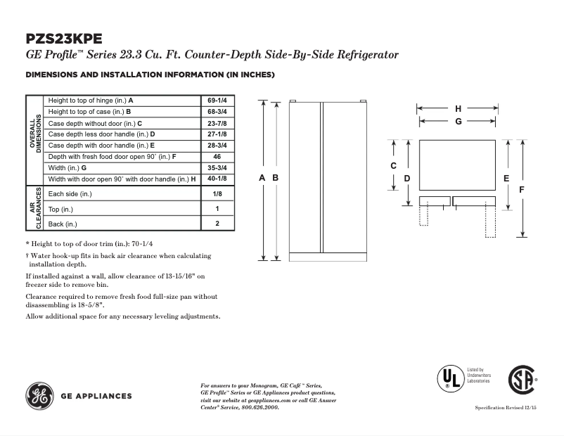 First page image of the manual for Profile PZS23KPEBV