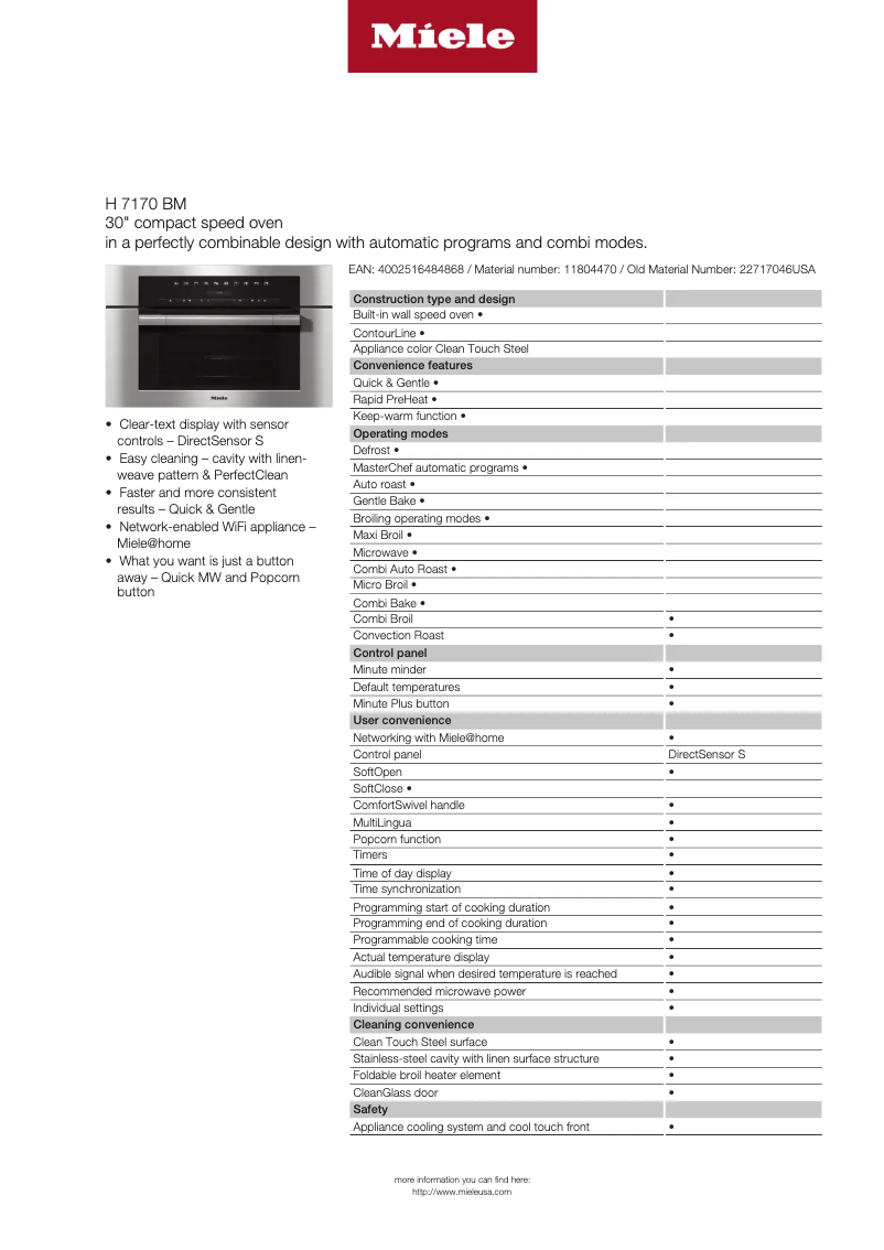 Page 1 of the manual Technical Sheet Miele H 7170 BM