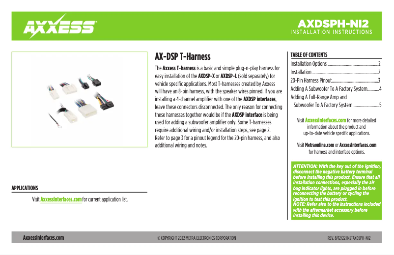 First page image of the manual for AXDSPH-NI2