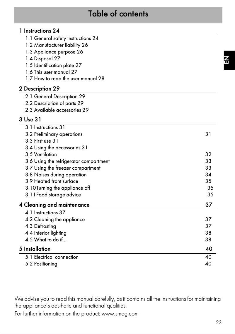 Page 1 of the manual Instruction Manual Smeg FAB30LOR3