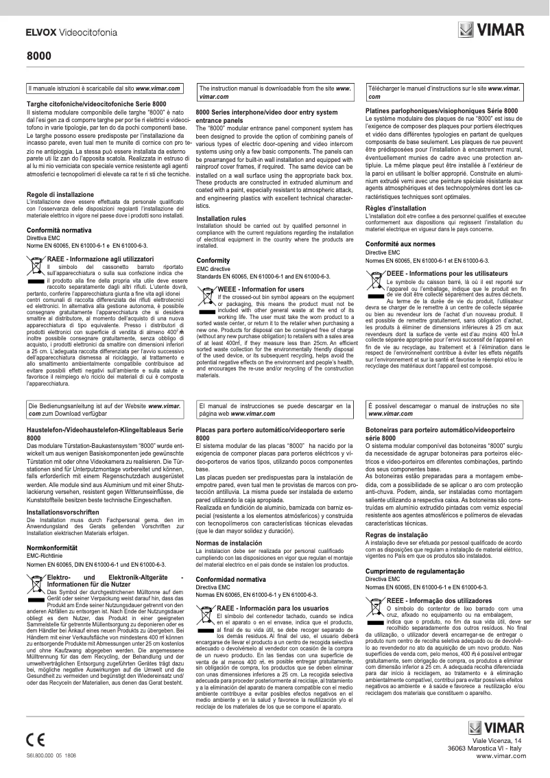 Page 1 of the manual User Manual Vimar ELVOX 80C3