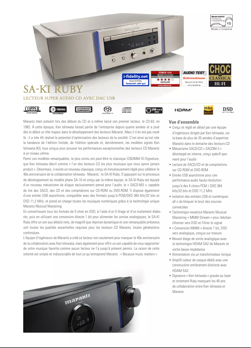 Page 1 of the manual Technical Sheet Marantz SA-KI RUBY
