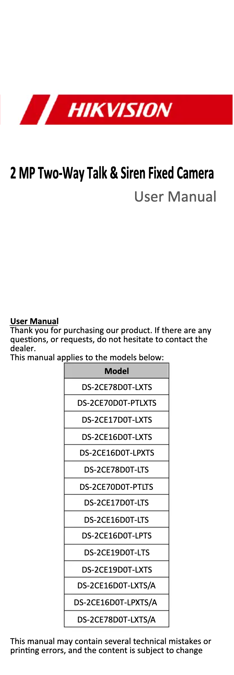 First page image of the manual for DS-2CE16D0T-LPXTS