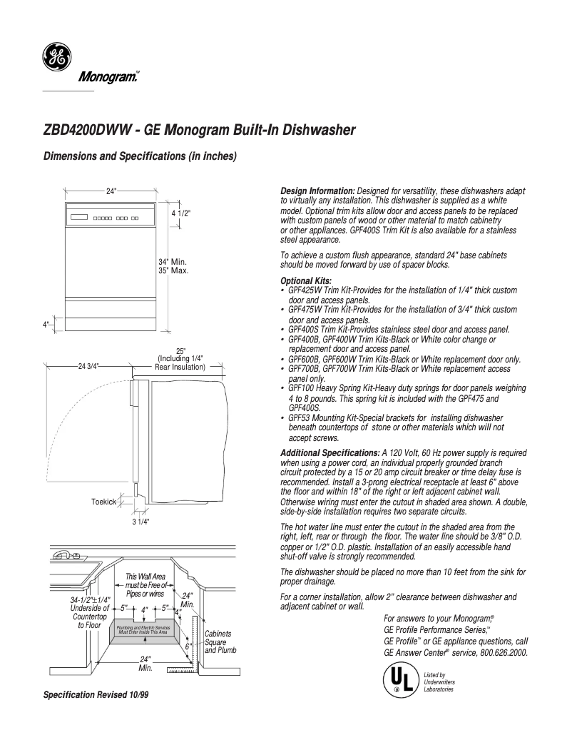 Page 1 of the manual Technical Sheet GE ZBD4200DWW