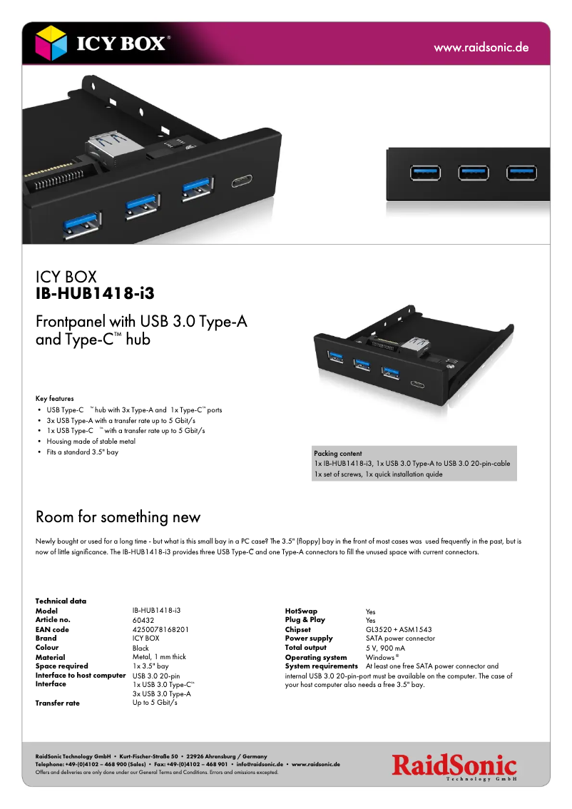 Page 1 de la notice Fiche technique Icy Box IB-HUB1418-i3