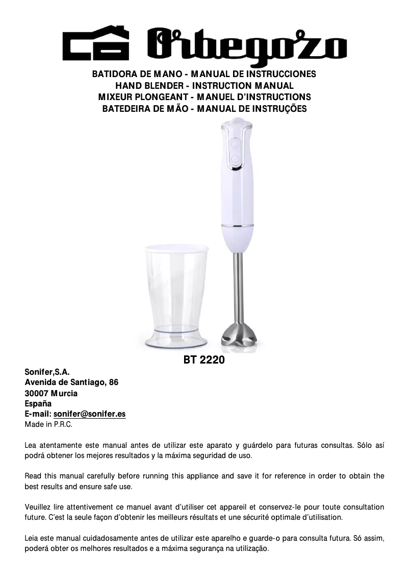 Page 1 of the manual User Manual Orbegozo BT 2220