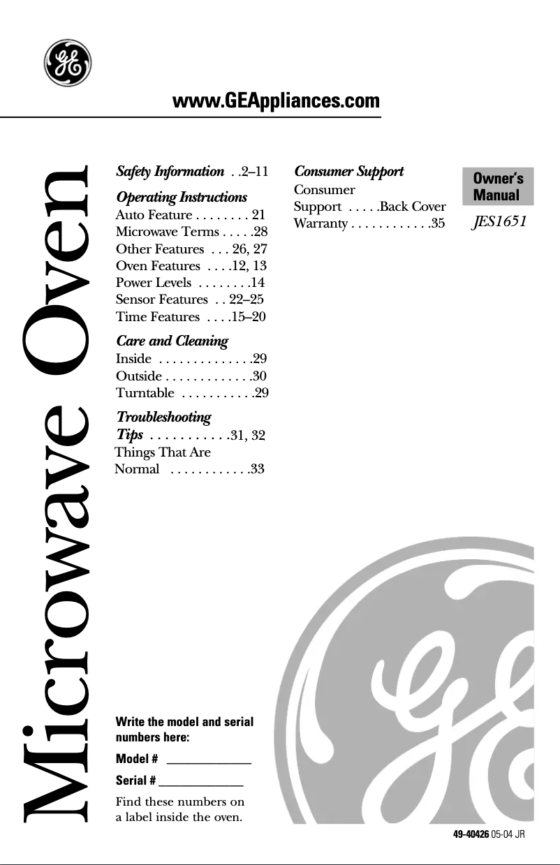 First page image of the manual for JES1651SJ