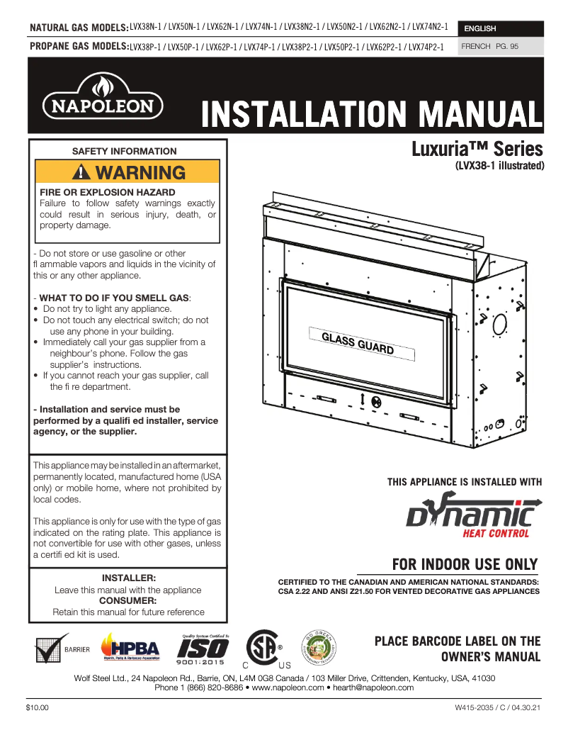 Page 1 of the manual User Manual Napoleon Luxuria 74