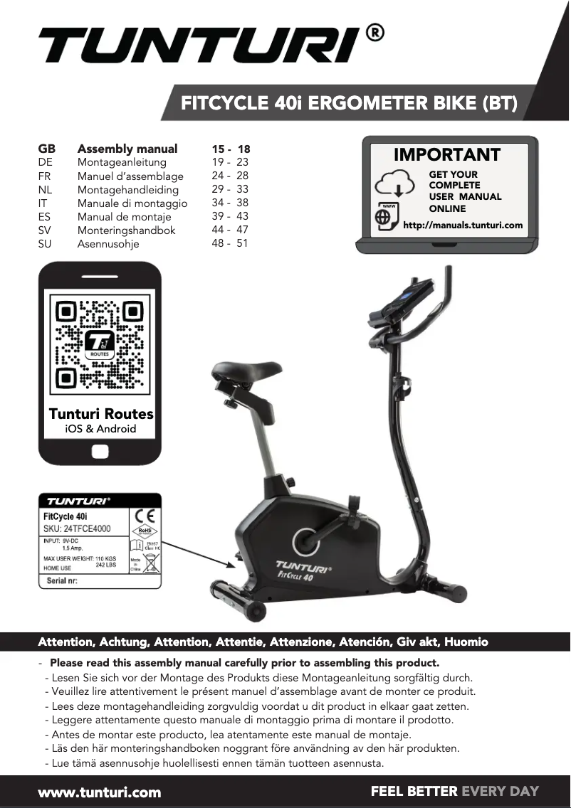 Page 1 of the manual User Manual Tunturi FitCycle 40i