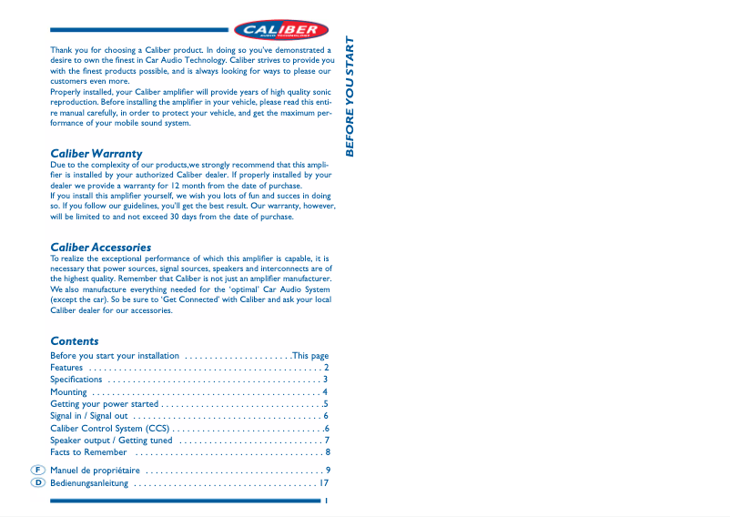 Page 1 of the manual User Manual Caliber CA 2010 D Pro