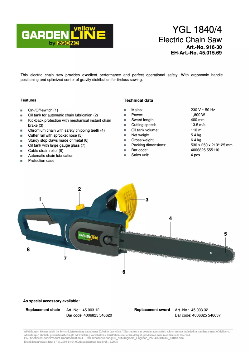 Page 1 of the manual User Manual Yellow Garden Line YGL 1840/4