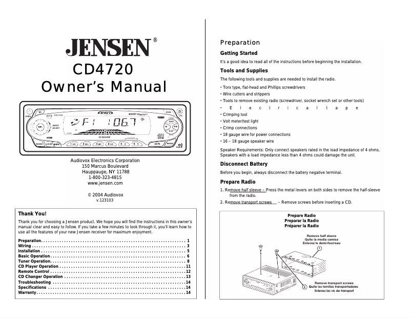 Page 1 of the manual User Manual Jensen CD4720