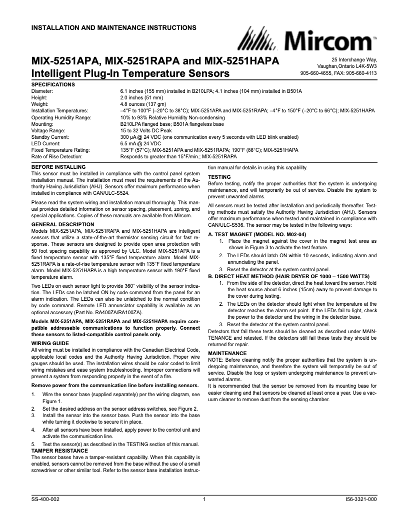 Page 1 of the manual User Manual Mircom MIX-5251APA