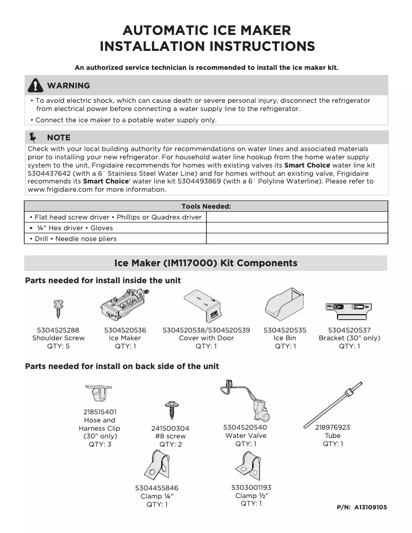 Page 1 of the manual Installation Guide Frigidaire FFHT2045VB