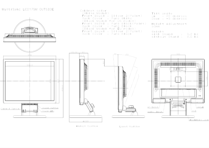 Page 1 of the manual Technical Drawing NEC MultiSync LCD175M