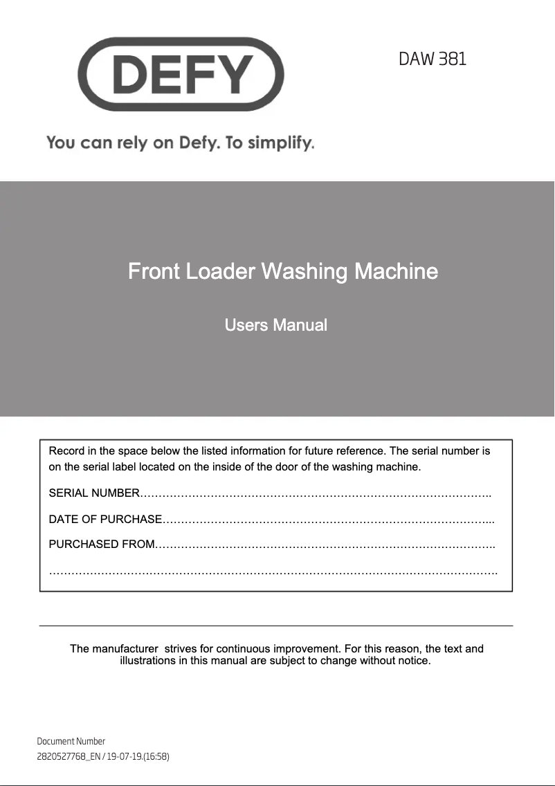 Page 1 of the manual User Manual Defy DAW382