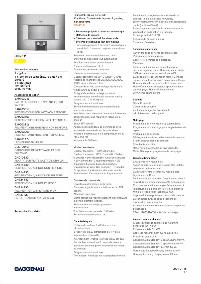 Page 1 of the manual Technical Sheet Gaggenau BS455111