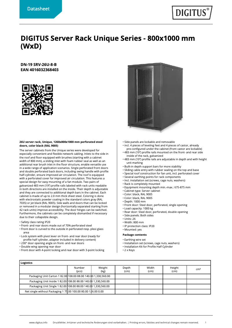 Page 1 of the manual Technical Sheet Digitus DN-19 SRV-26U-8-B