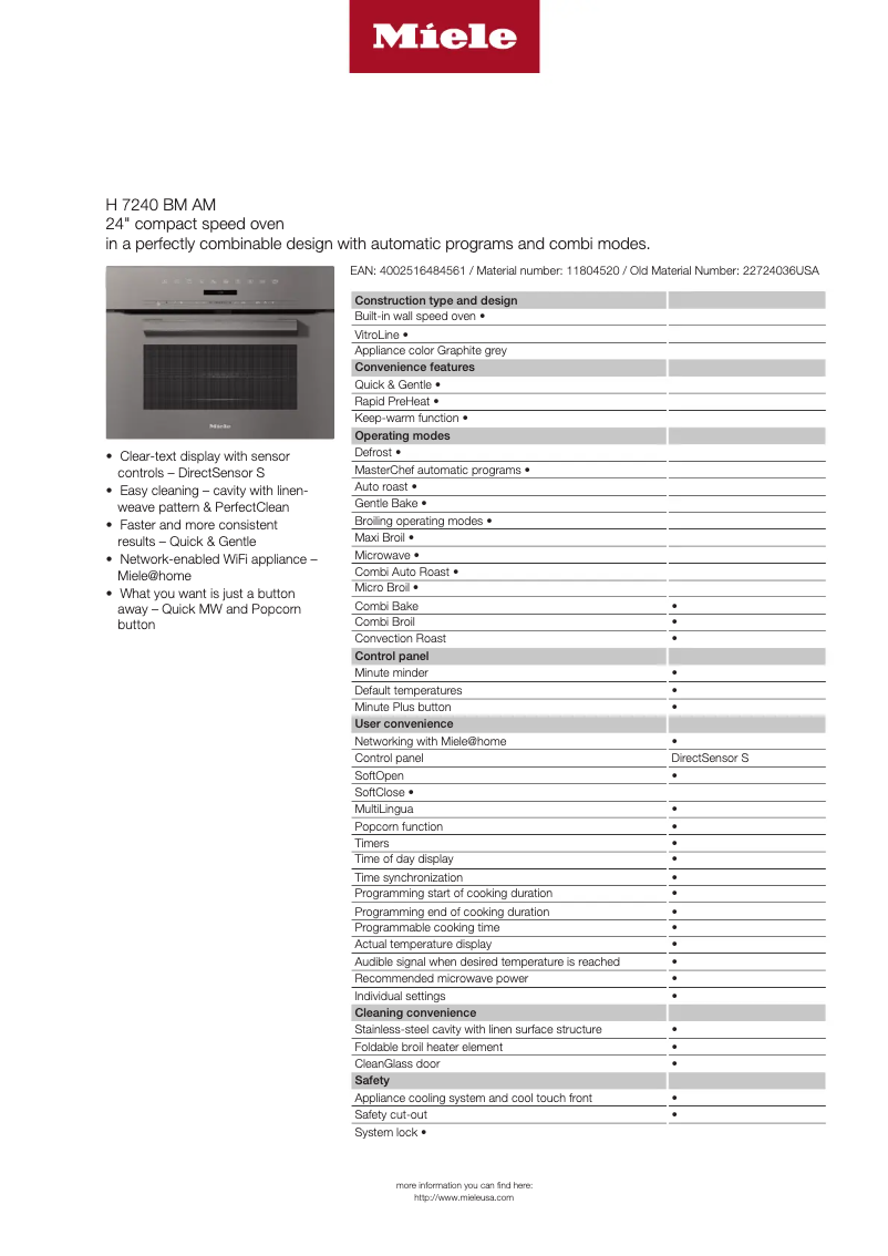 Page 1 of the manual Technical Sheet Miele H 7240 BM AM