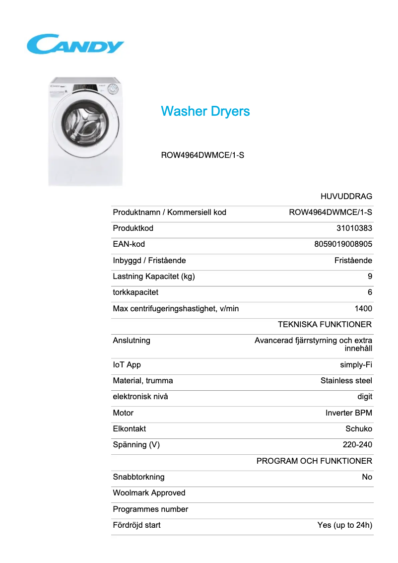 First page image of the manual for ROW4964DWMCE/1-S