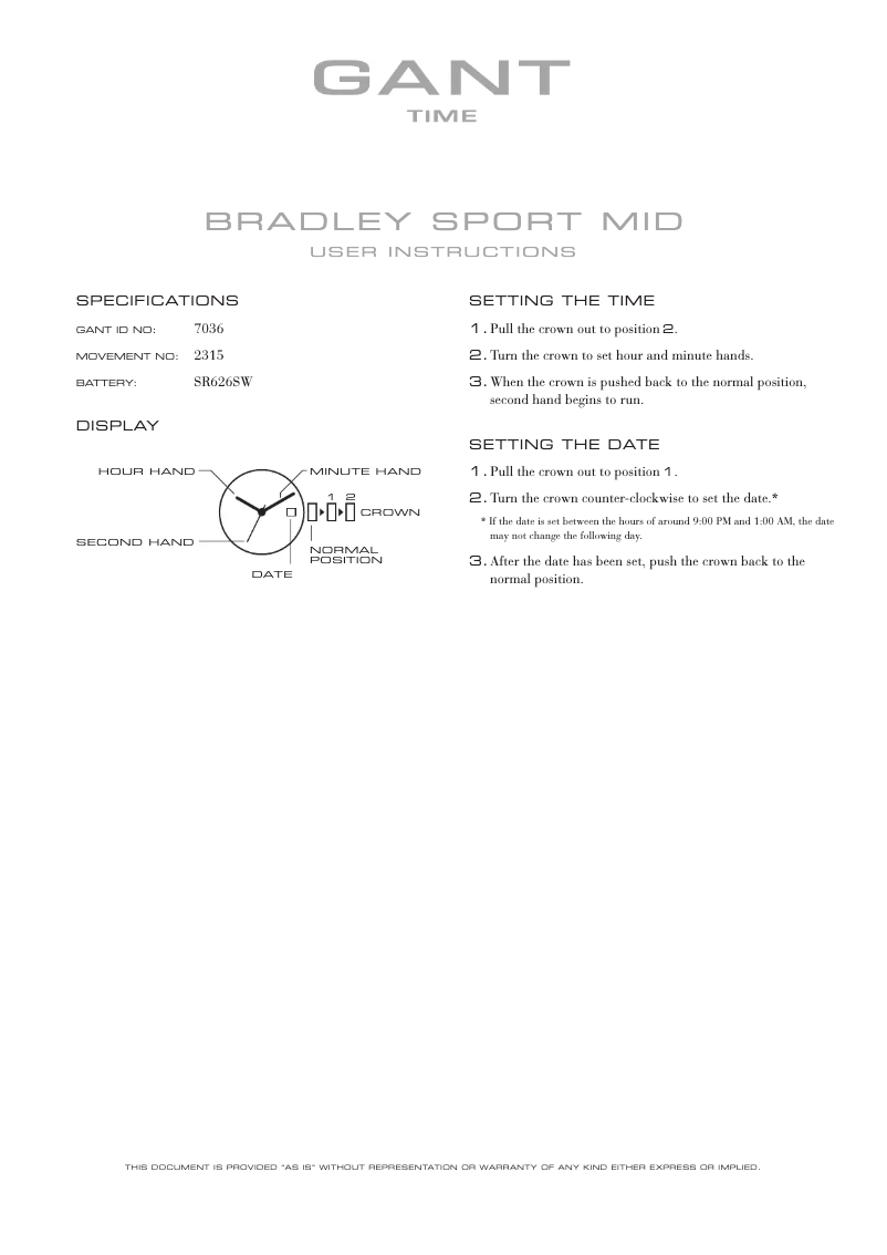 First page image of the manual for Bradley Sport Mid 7036