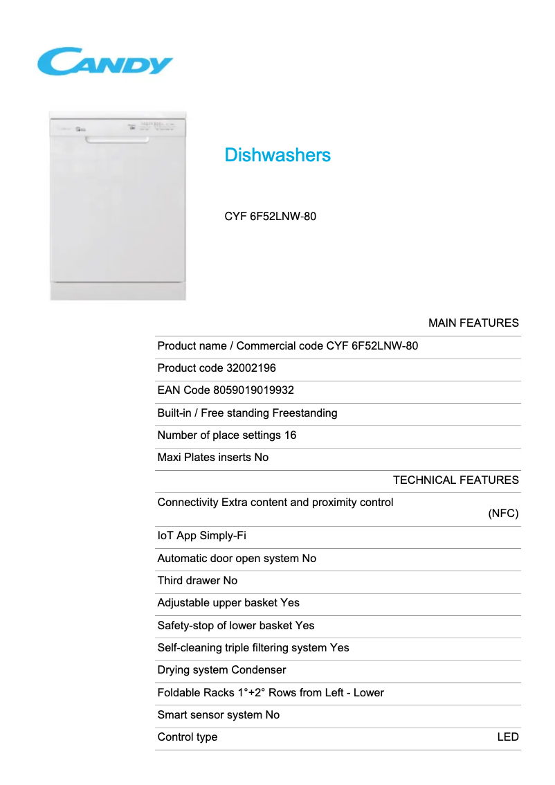 Page 1 of the manual Technical Sheet Candy CYF 6F52LNW