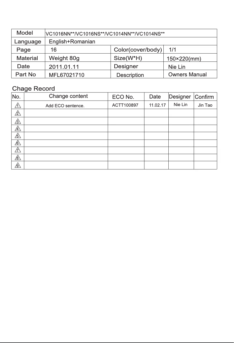 First page image of the manual for VC1016NST