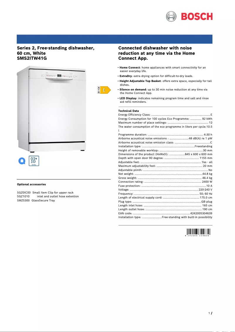 Page 1 of the manual Technical Sheet Bosch SMS2ITW41G