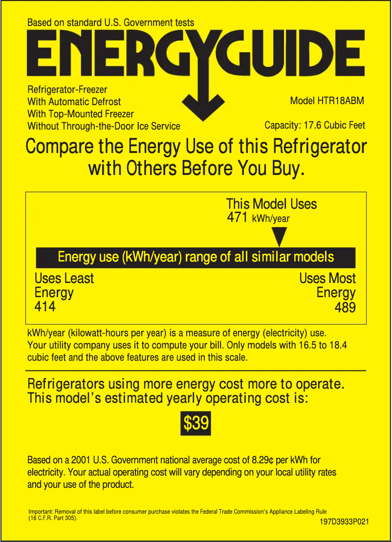 Page 1 of the manual Energy Label Hotpoint HTR18ABMWW