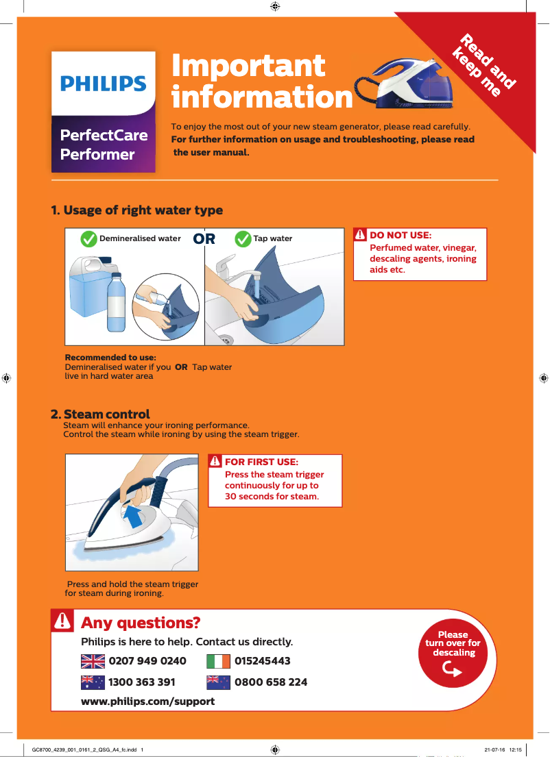 Page 1 of the manual Quick Start Guide Philips PerfectCare Performer GC8712