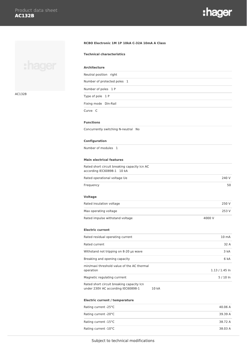 Page 1 of the manual Technical Sheet Hager AC132B