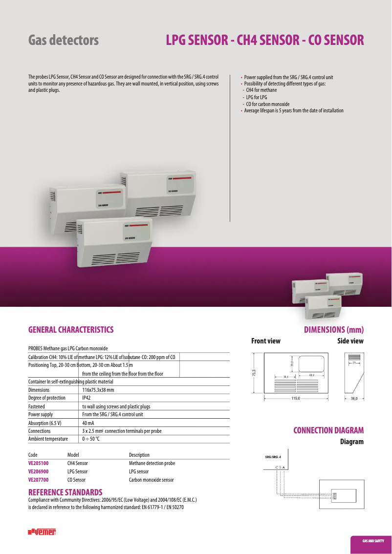 Page 1 of the manual Technical Sheet Vemer LPG Sensor